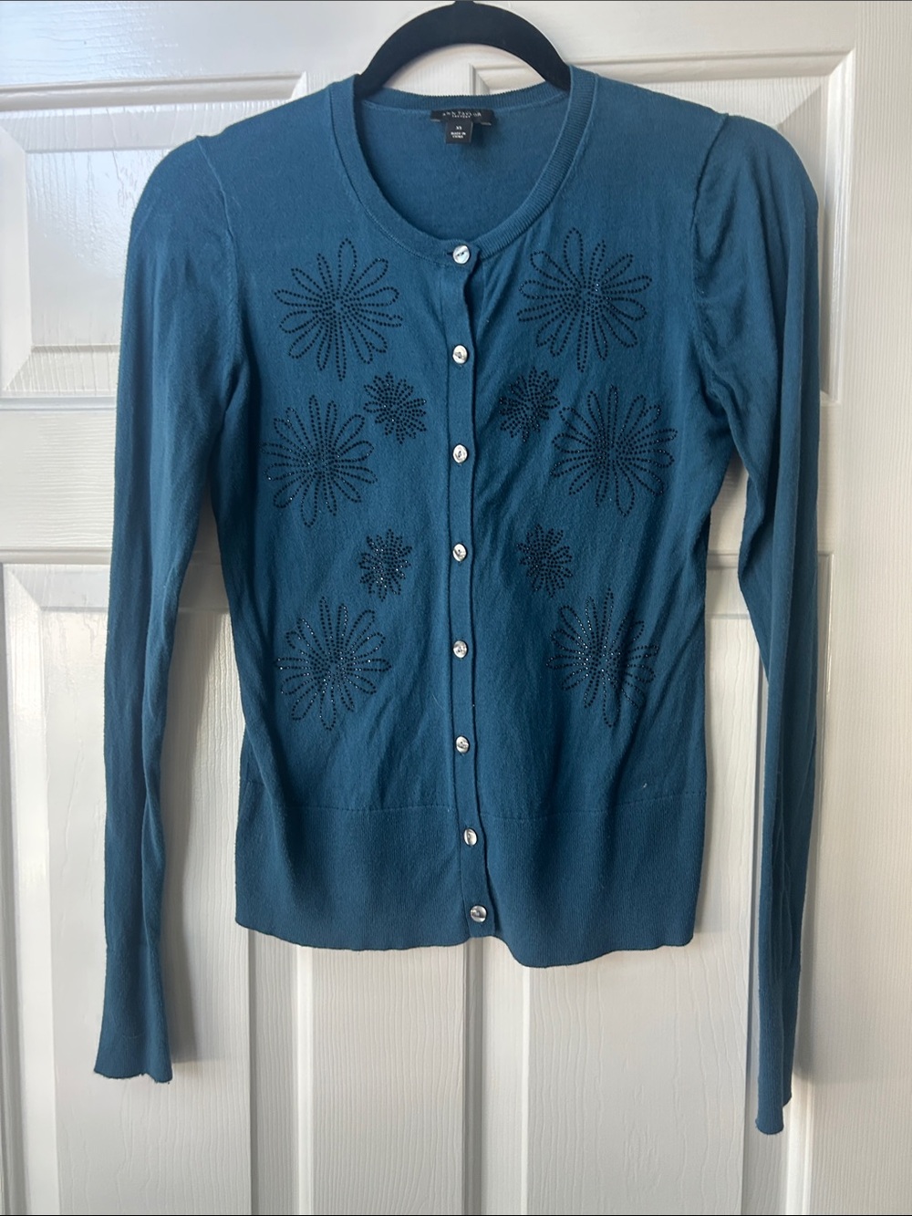 Ann Taylor Teal Blue Floral Embellished Cardigan